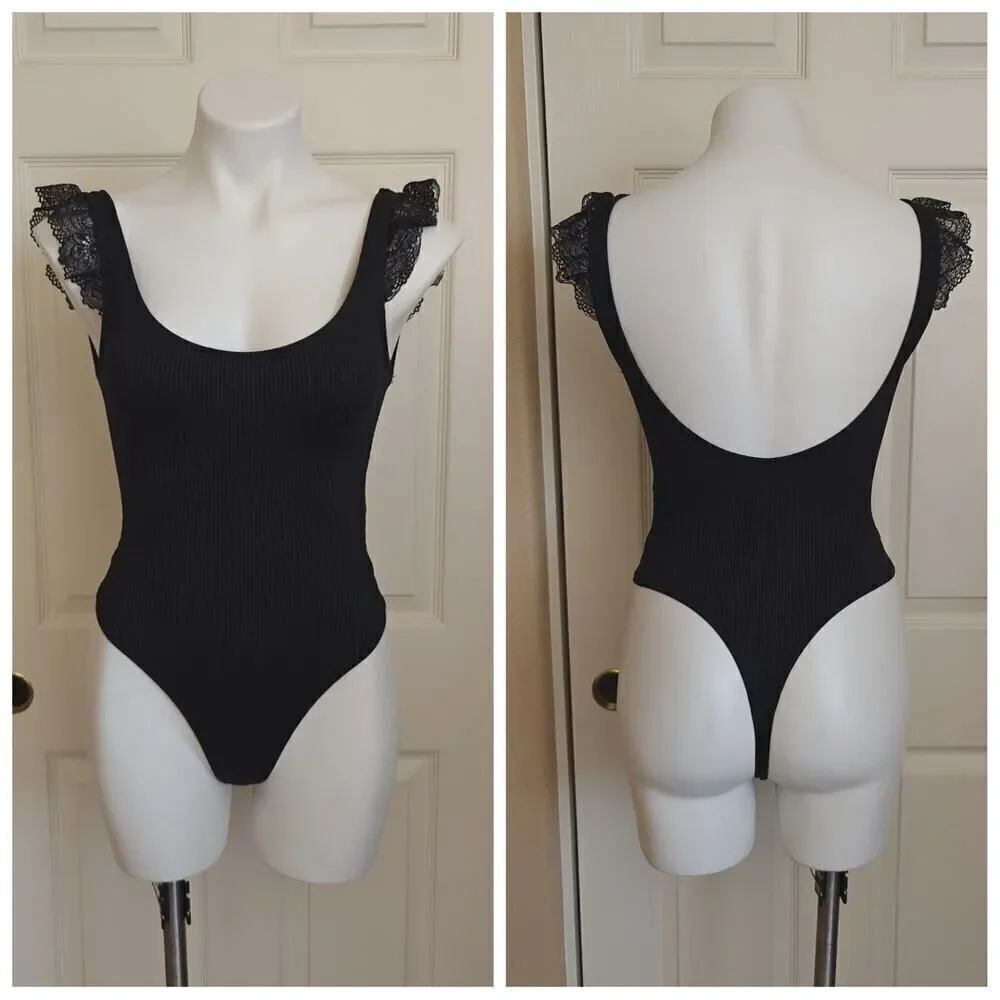 Bershka open back cap lace ribbed thong bodysuit sz XS